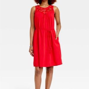 KNOX ROSE Crochet Eyelet Lace Neck Tassel Tie Belt  Tank Dress Red M NWT